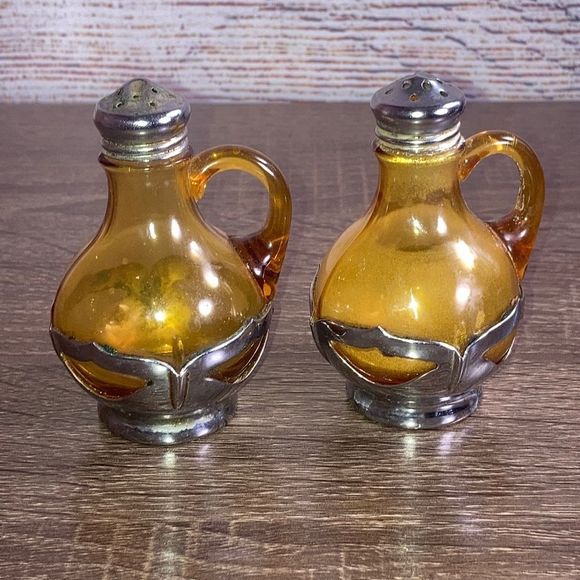 Salt & Pepper Shakers VTG Amber Glass & Chrome Metal Farber Bros Set - Picture 1 of 14